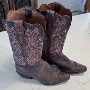 Justin Stampede Chocolate Puma Western Cowgirl Boots Purple Heart Womens Sz 8B